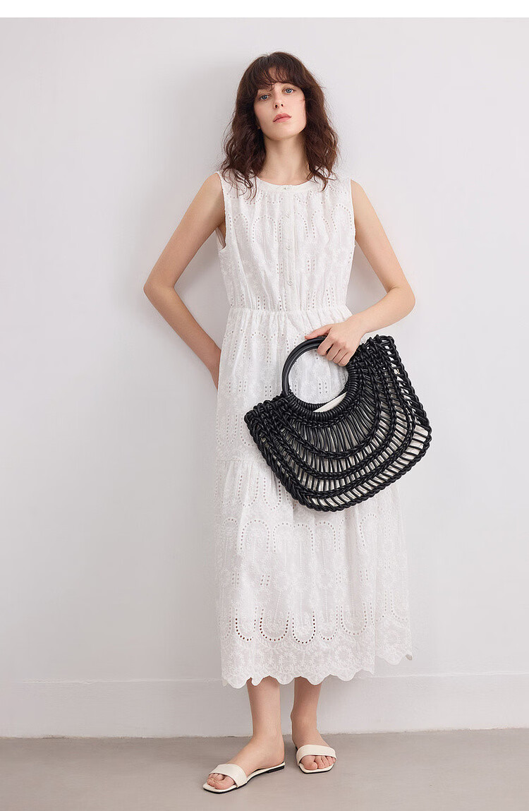Demana [Cloud Breath Pure Cotton] Summer Artistic Fresh Heavy Embroidery Sleeveless Waist-Cinched A-Line Mid-Length Dress for Women 17