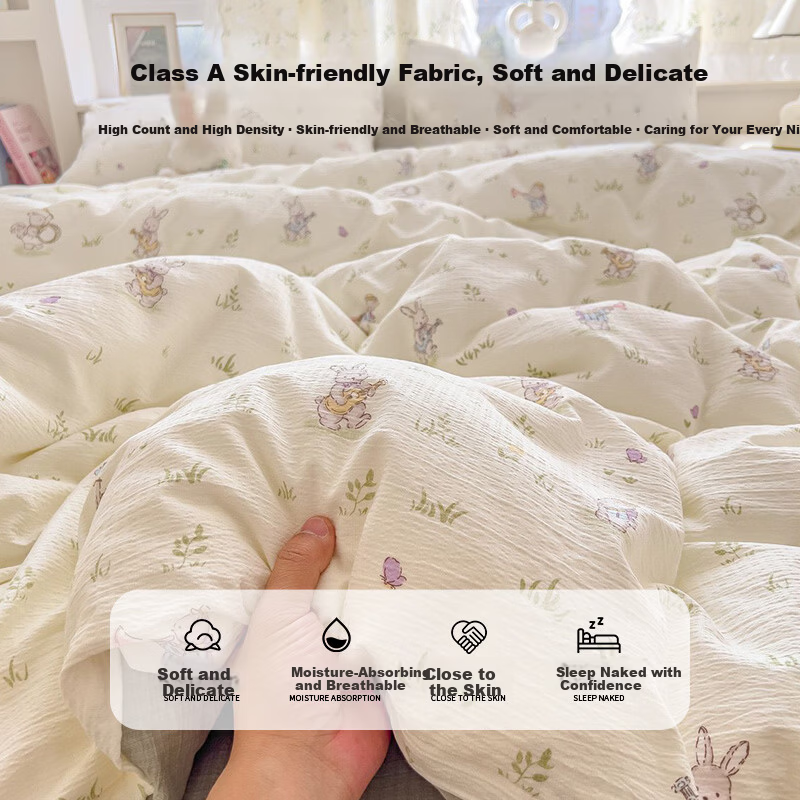 Hongdou Bedding Set 4 Pieces for 1.5/1.8m Bed Cloud Feel Double-Layer Wrinkled Gauze Sheet Bedspread Home Quilt Cover 200x230cm Forest Style Little Rabbit