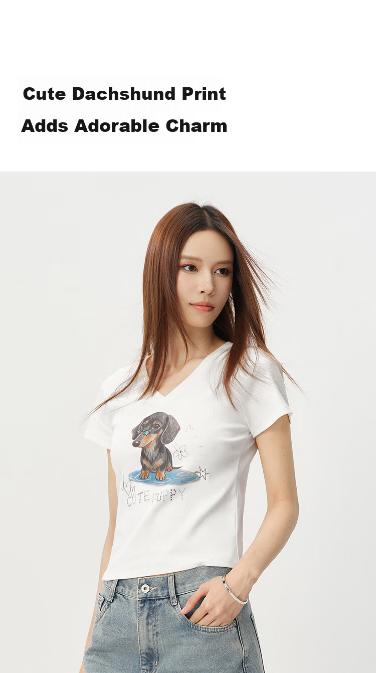 Semir Women's Summer Short Sleeve Cropped Raglan Sleeve Slim Fit V-Neck Puppy Print Pullover T-Shirt 2026 109326100018 6