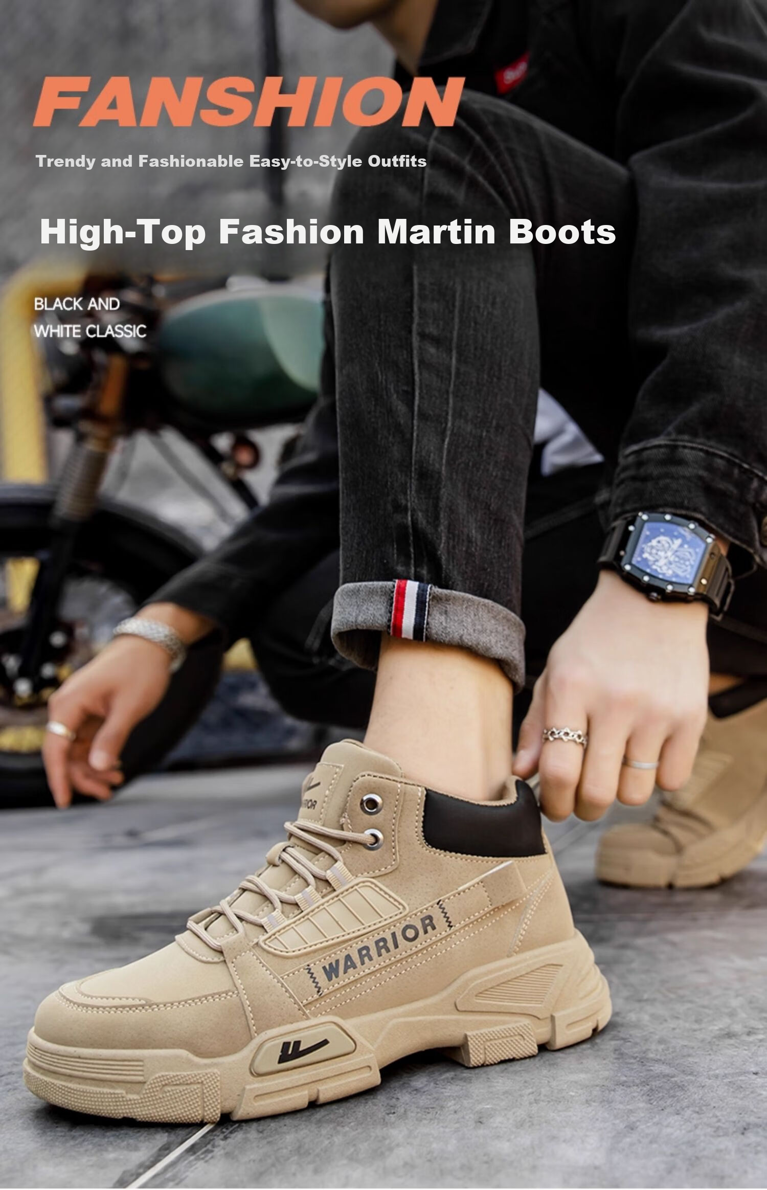 Warrior Men's Martin Boots Winter High-Top Outdoor Warm Work Hiking Shoes 0714 Khaki Black Size 40 2