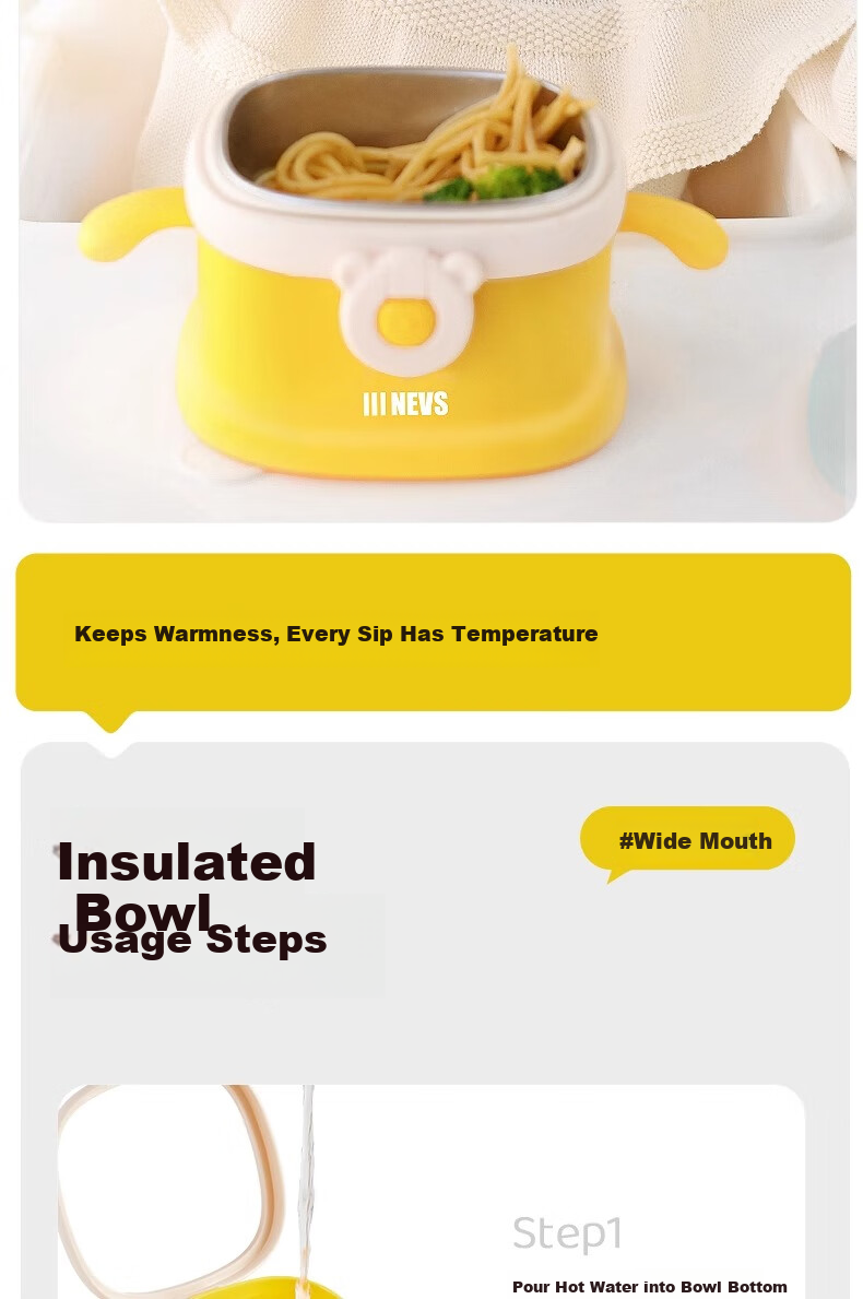 NEVS Square Baby Water-Filled Insulated Bowl Children's Tableware Suction Feeding Bowl Drop-Resistant Constant Temperature Bowl - Joseph Yellow Lunch Box 13