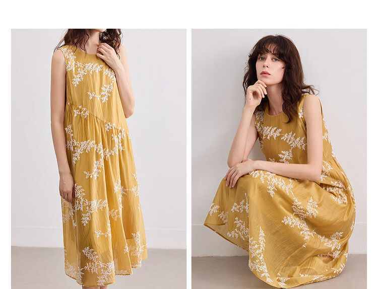 Demana [Lycra Breath Poem] Summer Vacation Style 3D Embroidered Sleeveless Patchwork Elegant Mid-Length Dress for Women 7