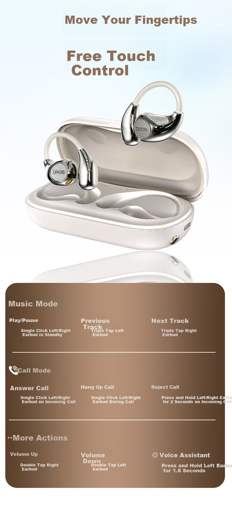 D.ROB D.ROB Clip-On AI Translation Wireless Bluetooth Earphones 2-in-1 Long Battery Life Compatible with Huawei Xiaomi Apple K75 Off-White 18