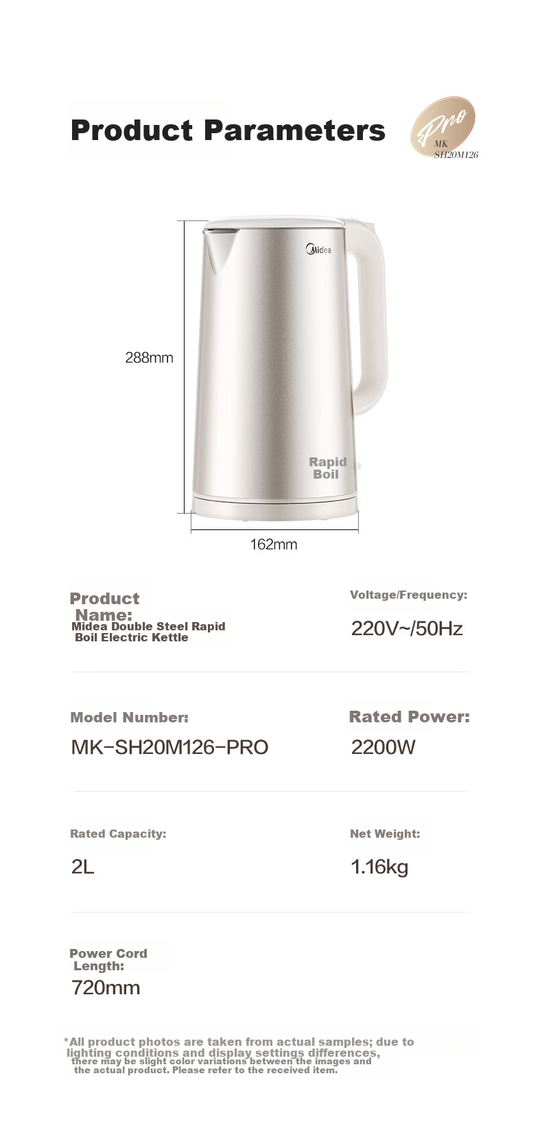 Midea Electric Kettle 2200W Fast Boil Double Stainless Steel Auto Shut-Off 316L Baby-Grade Stainless Steel 2L Large Capacity MK-SH20M126-PRO 16