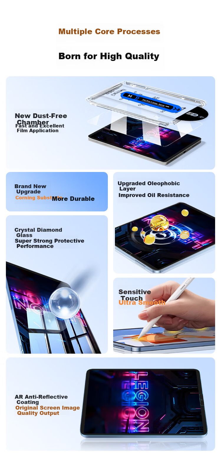 CoolerFang Dust-Free Instant Adhesive Screen Protector for Lenovo Legion Y700 8.8-inch 5th Gen Tablet Full Coverage Tempered Glass Film HD Anti-Fingerprint Drop Resistant for 2026/25/24 Models 1