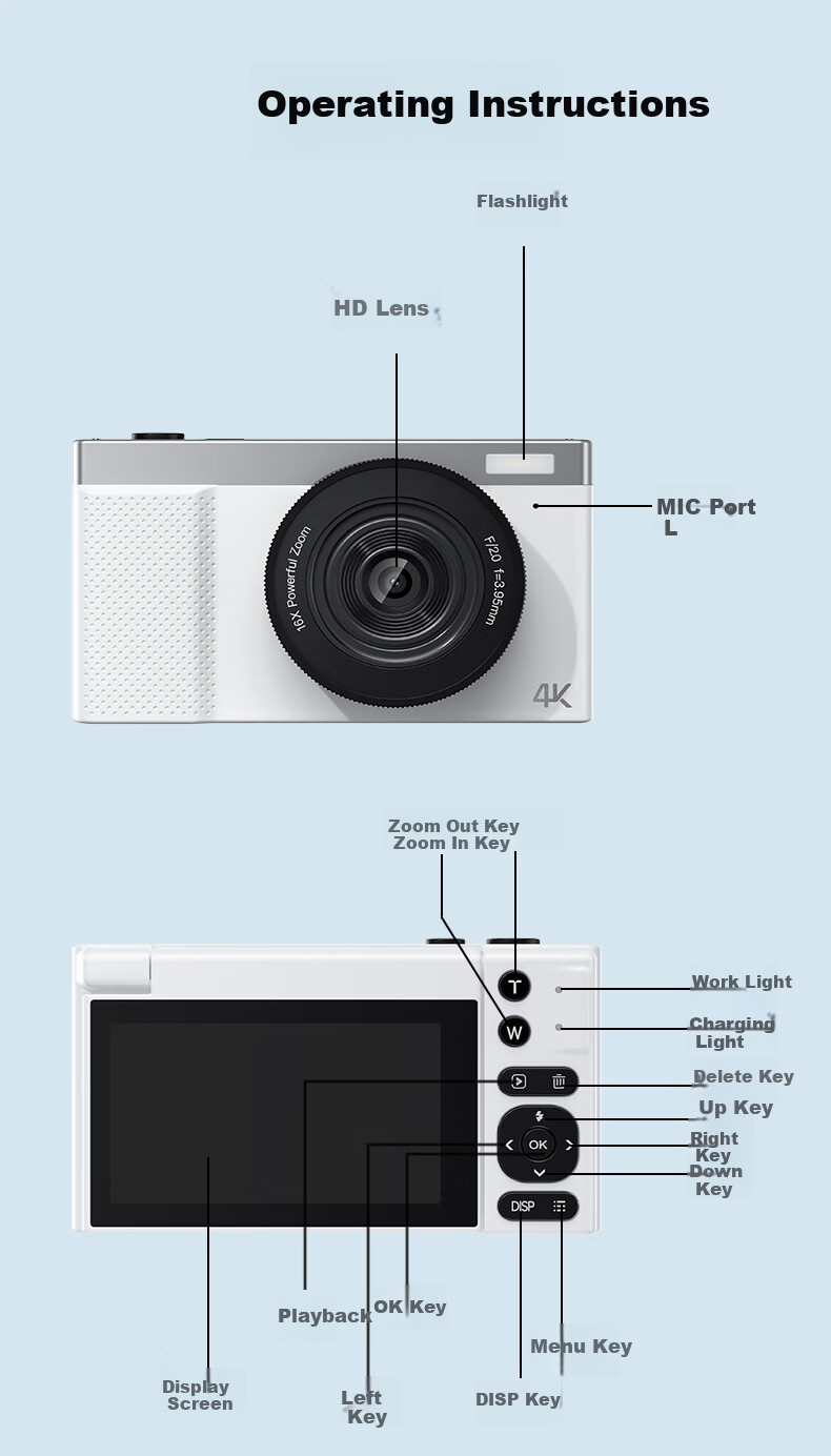 Newsmy N8 Digital Camera Student CCD Flip Screen Selfie HD Pixel Campus Travel Entry-Level Mirrorless Beauty Filter Girls Birthday Gift 128GB + Wide Angle Lens 8