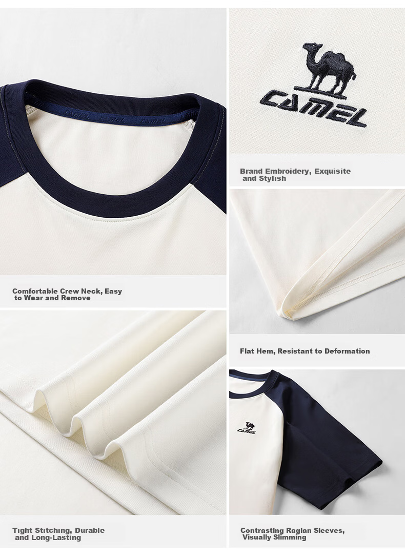 CAMEL Loose Casual Short Sleeve T-Shirt Unisex Couple Cotton Feel Top C36BAVLR084 Warm White/Green L 5