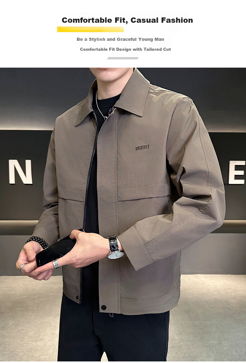 PLAYBOY Men's Spring Autumn Jacket Casual Outdoor Windproof Lapel Coat Black L 4