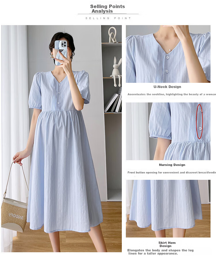 JOYNCLEON Maternity Summer Loose Dress Long Dress Petite Maternity Thin Nursing Blue XXL Jly156270 2