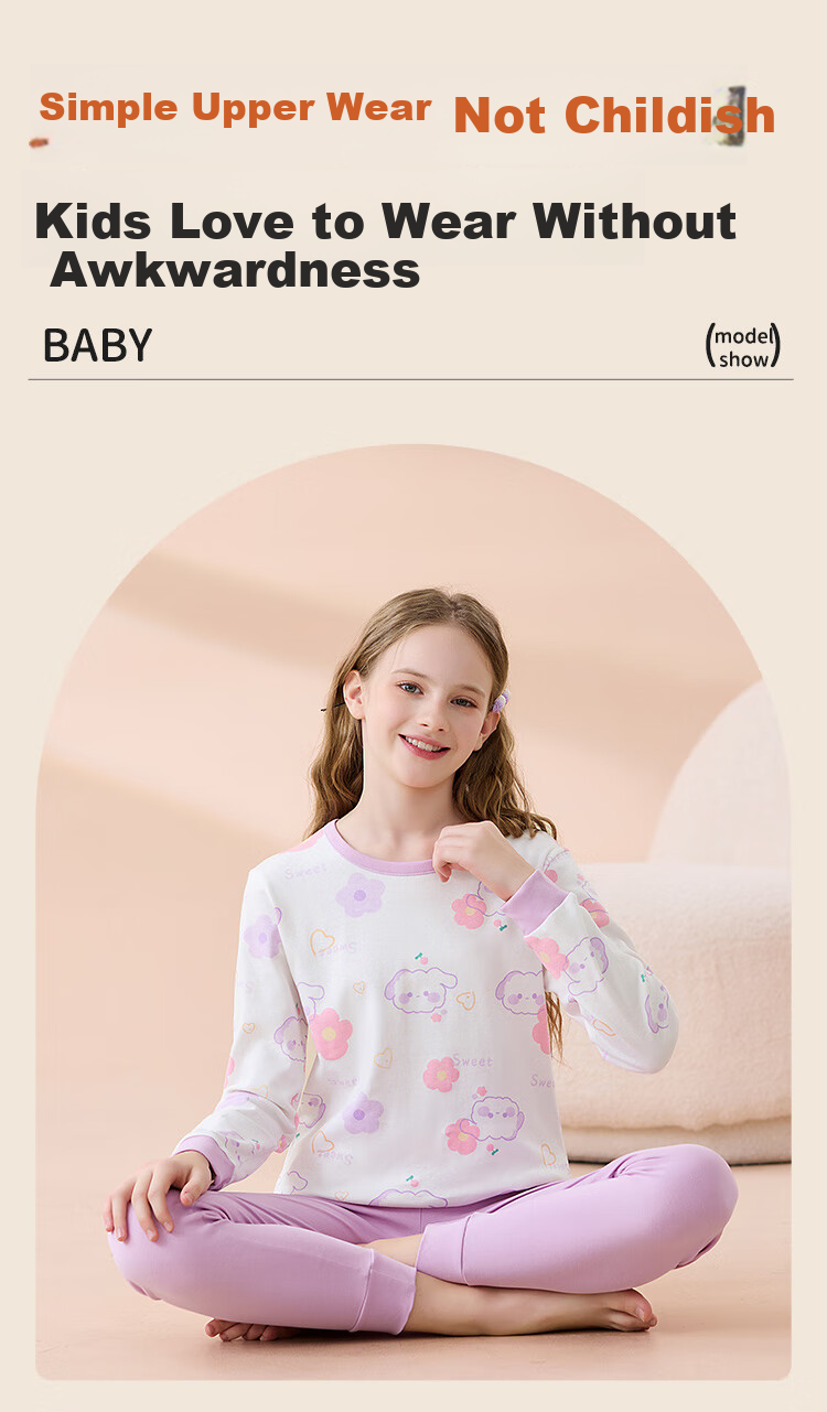 Hodo Children's Thermal Underwear Pure Cotton Girls Comfortable Soft Skin-friendly Antibacterial Mite-proof Long Sleeve Crew Neck Autumn Top and Bottom Set 17