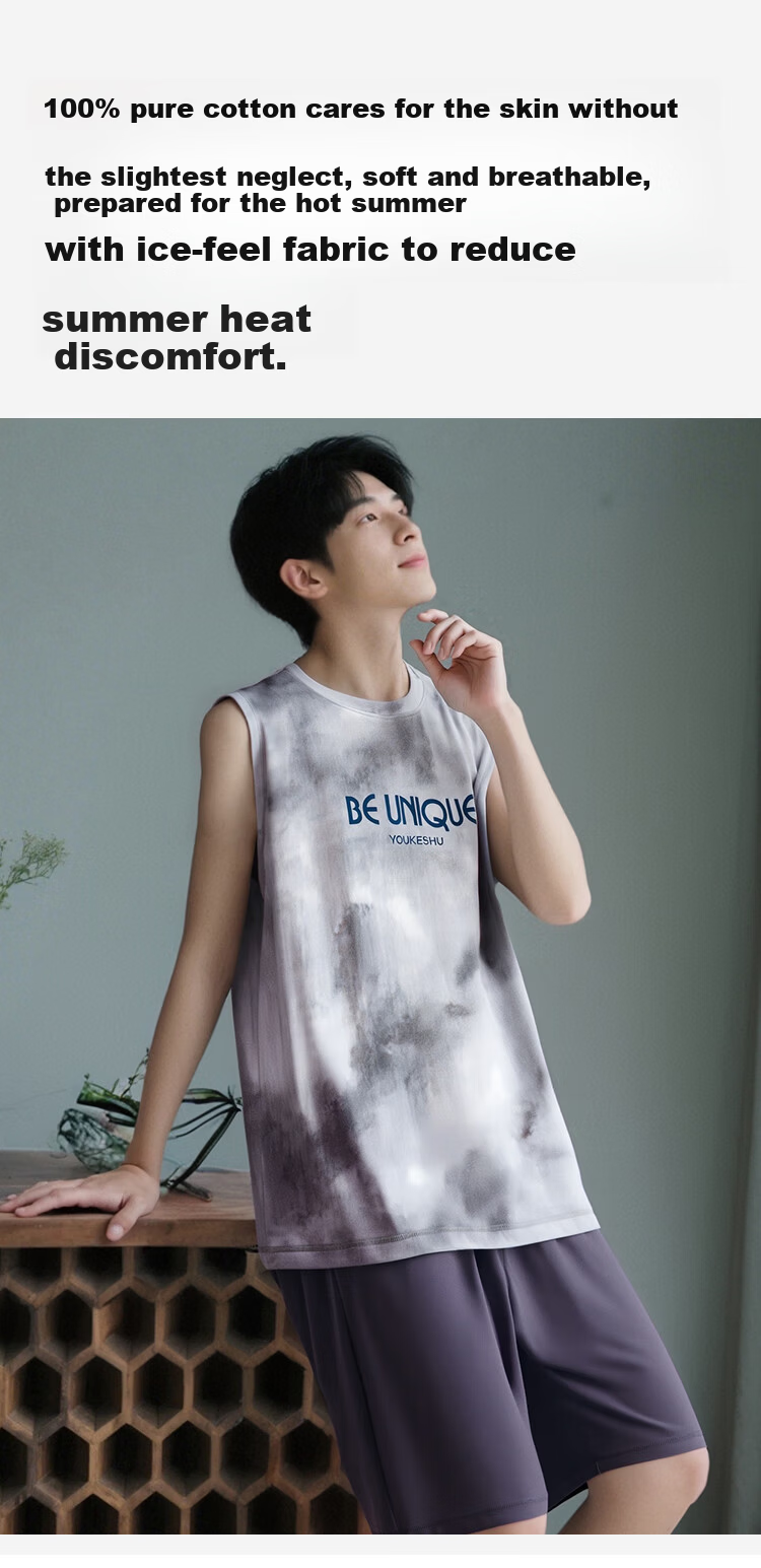 Youkeshu Men's Summer Pajamas [5A Antibacterial] 100% Cotton Sleeveless Vest Set Suitable for Outdoor Wear 2