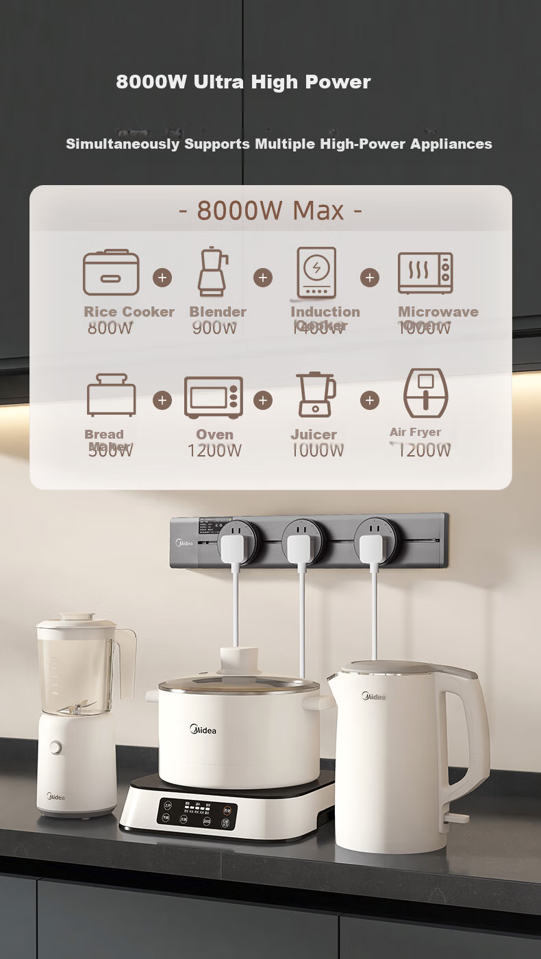 Midea Ultra-thin Upgraded Wall-mounted Track Power Strip with Switch, Surface-mounted Movable Rail Socket for Dining Cabinet, 40cm Track with 2 Five-hole Outlets, Black 11