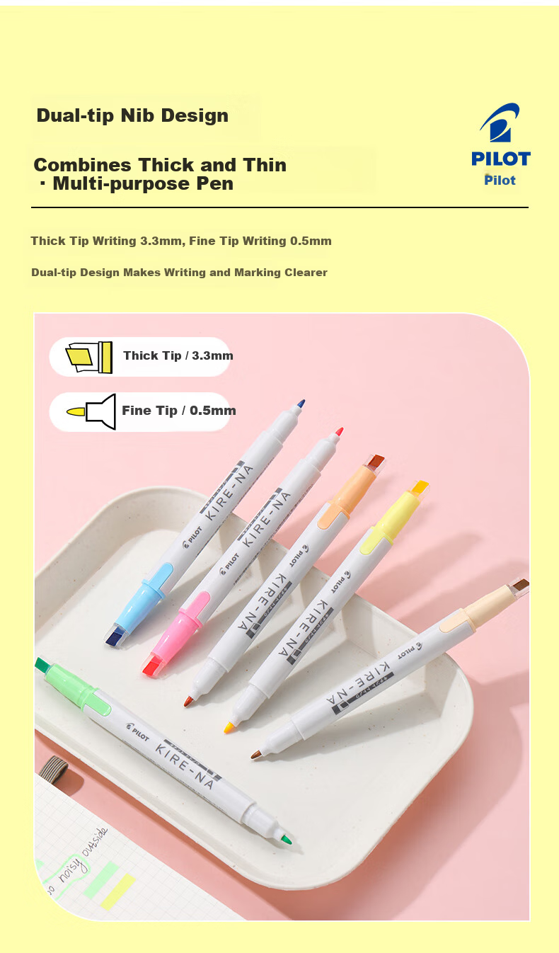 PILOT KIRE-NA Dual-Ended Highlighter Marker Non-Bleeding Colored Fluorescent Pen for Students Pink Orange 6
