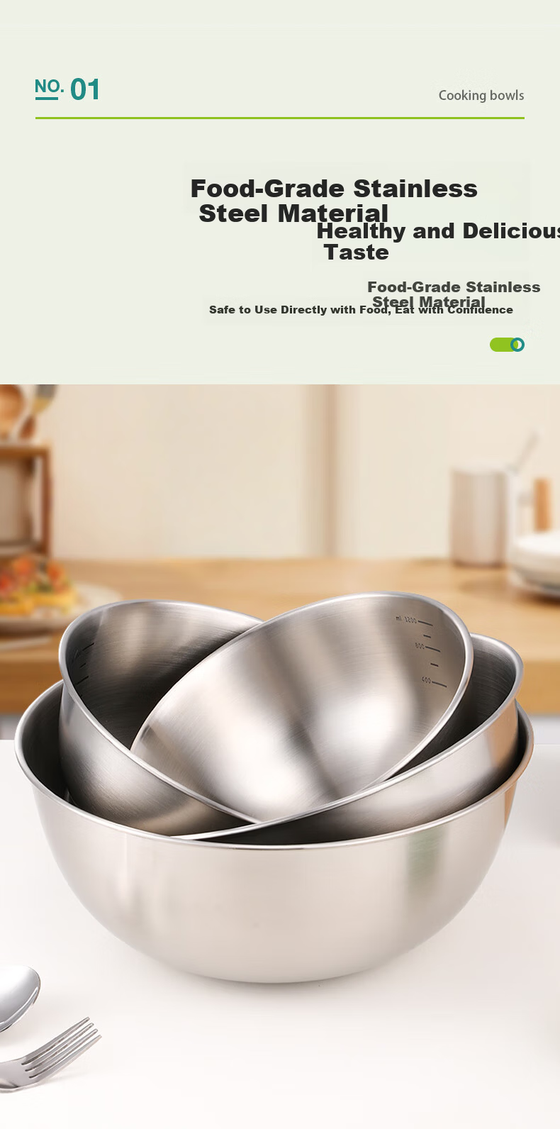 Aomeiyou 304 Stainless Steel Bowl 22cm for Washing Vegetables, Kneading Dough, Beating Eggs, Household Kitchen Salad Mixing Bowl with Straight Edge 2