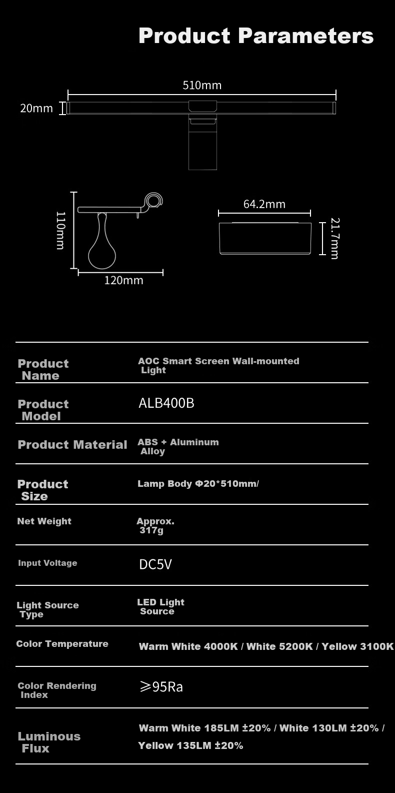 AOC AGON RGB Full Spectrum Monitor Hanging Light Computer Display Eye Protection Reading Lamp Dual Light Source ALB508G 12
