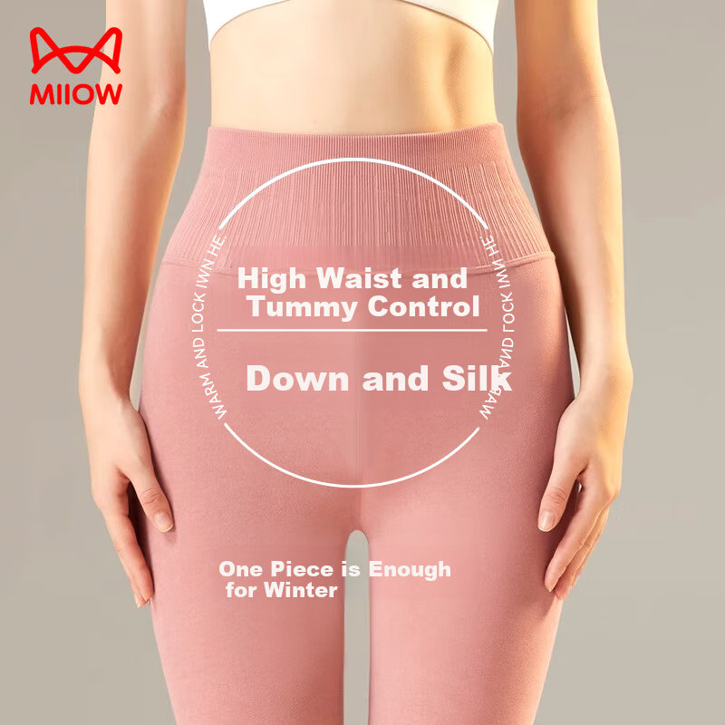 MiiOW Women's Down-Filled Mulberry Silk High-Waist Tummy Control Thickened Fleece-Lined Thermal Leggings Red M