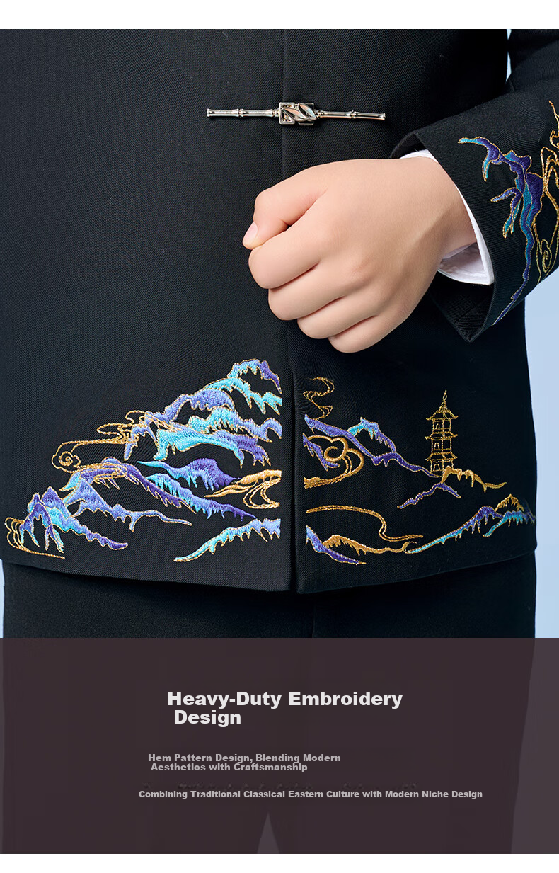 Romon Boys' Zhongshan Suit Set Traditional Chinese Style New Chinese Style Children's Host Performance Suit Black 170 7