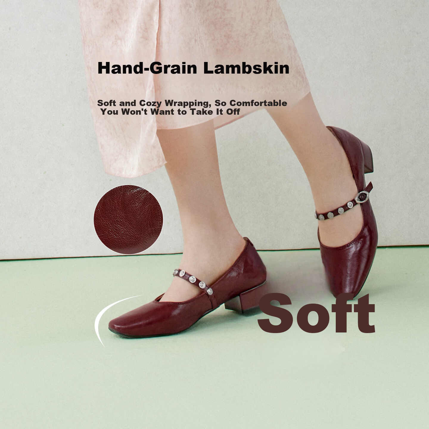 BASTO Monet Garden Spring 2026 French Style Lambskin Mary Jane Shoes for Women, Burgundy, Size 39, Model BN805AQ6