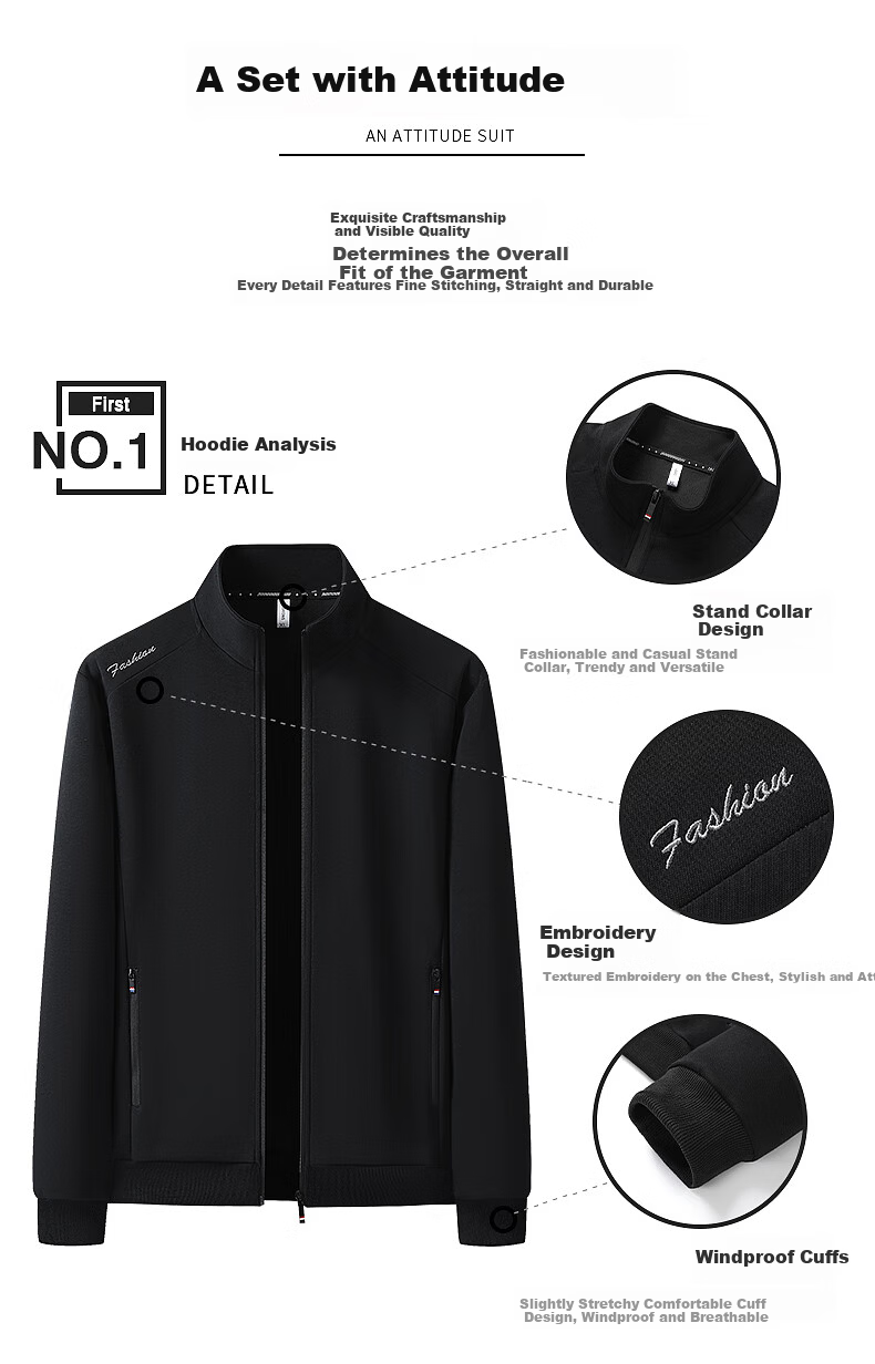 ROMON Men's Spring and Autumn Stand Collar Sweatshirt Cardigan Sportswear Casual Versatile Two-Piece Set Black Straight Opening 2XL 2