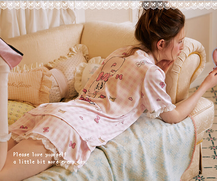 Gukoo Women's Summer Pajamas Ice Silk Sweet Plaid Homewear Set Thin Mesh Pink S 11
