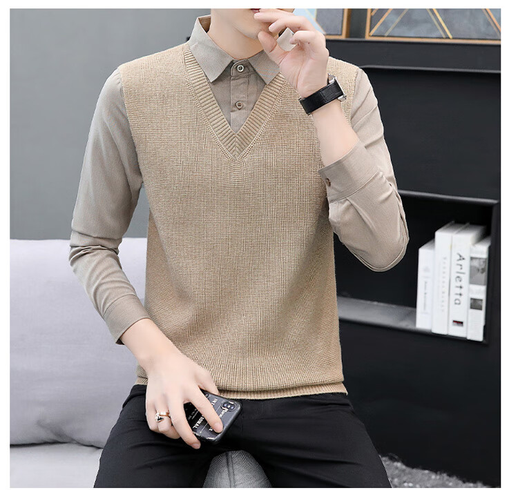 JEEP SPIRIT Men's Sweater Shirt Collar Autumn Winter Knitted Fake Two-Piece Casual Loose Trendy Jacket 1