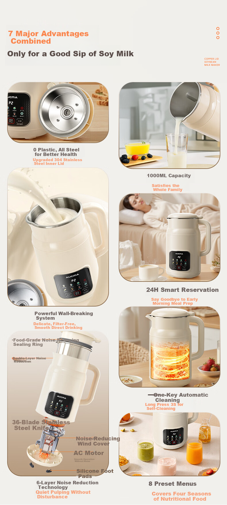 AUCMA Steel Lid Soy Milk Maker Small 1-3 Person Multigrain Blender Hands-Free Baby Food Processor 1L Fully Automatic No-Cook Silent Filter-Free Rice Cereal Machine M55 2