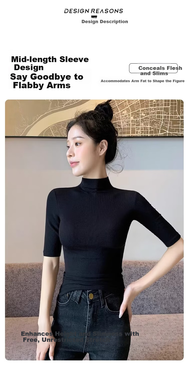 Shuangxing Women's Half Turtleneck Half Sleeve T-Shirt, 5/10 Sleeve Spring Summer New Style, Black, 2XL 7