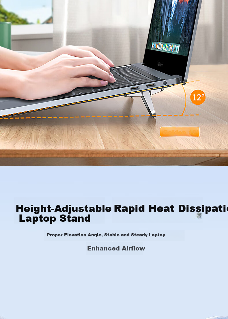 JPLAYER Laptop Stand, Zinc Alloy Portable Folding Cooling Riser, Mini Keyboard Backrest, Single-Level Support Foot Stand for Apple Computers, Silver Color 5