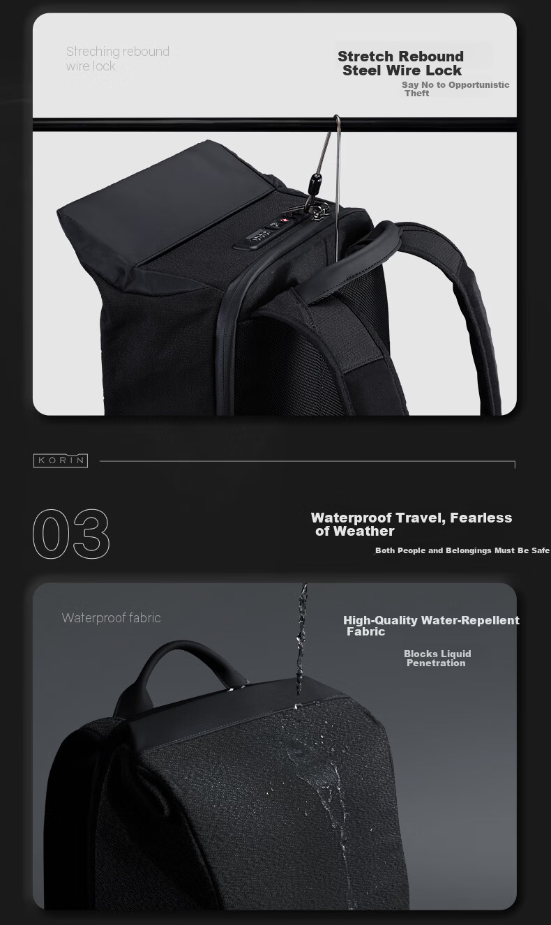 KORIN Anti-Theft Laptop Backpack Men Large Capacity Lightweight Travel Commuter Waterproof Cut-Resistant Business Bag K17 10