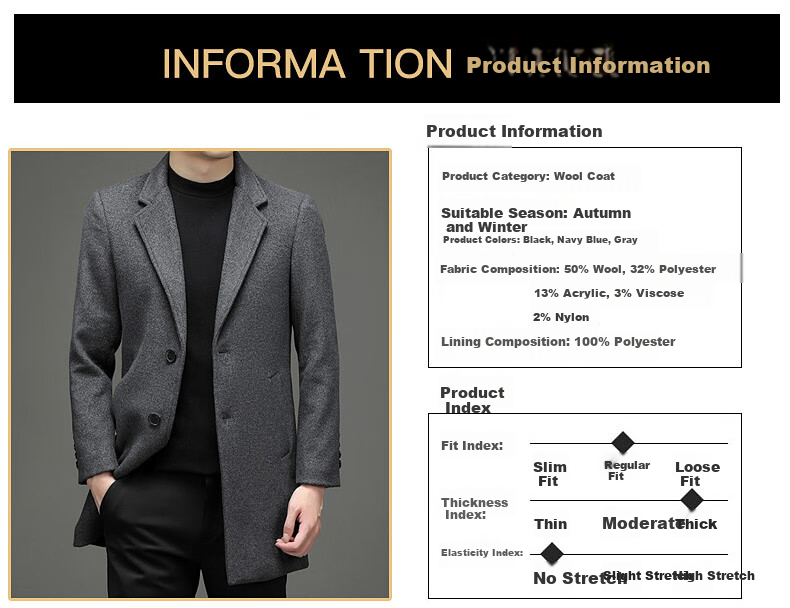 ROMON Men's Woolen Coat Casual Business Formal Wool Jacket LL1931 Black M 9