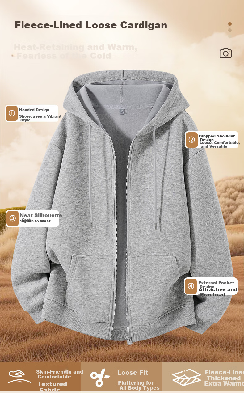 Jeanswest JEANSWEST Men's Fleece-Lined Jacket Autumn Winter Simple Casual Versatile Men's Hoodie Cardigan Fashion Men's Top 1