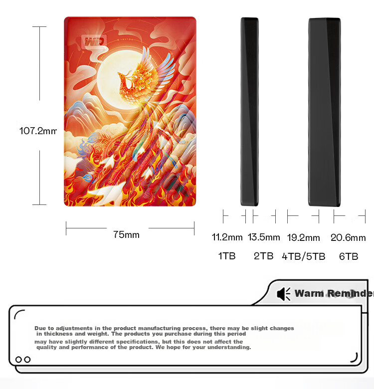 Western Digital 2TB Portable External Hard Drive USB 3.0 2.5-inch Mechanical HDD Laptop Encryption Backup Large Capacity Custom Painted Phoenix Design 1
