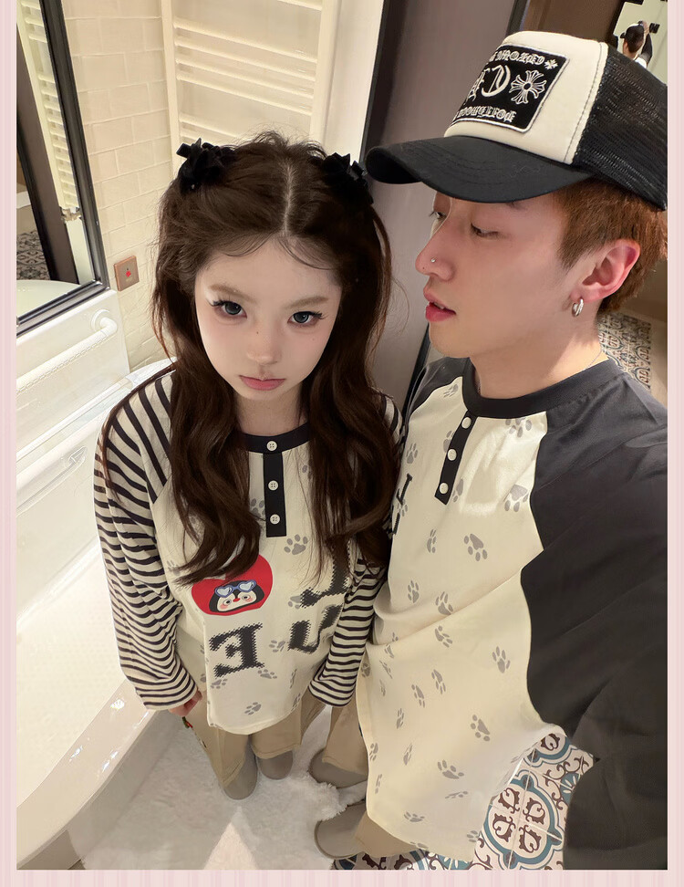 Gukoo Couples Spring Pajamas Small Penguin Print Striped Loose Raglan Sleeve Women's Homewear Set Men's Jade White S 1