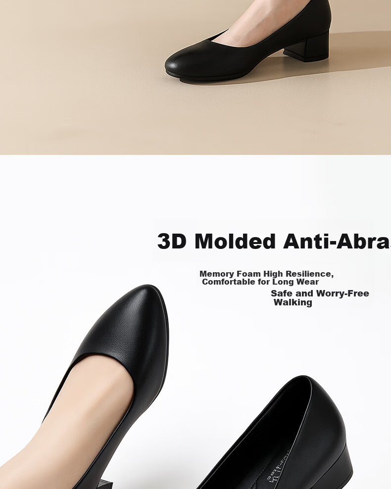 FOOTOPPO Women's Chunky Heel High Heels Interview Single Shoes Black Work Shoes for Flight Attendants Soft Sole Leather High Heels 5