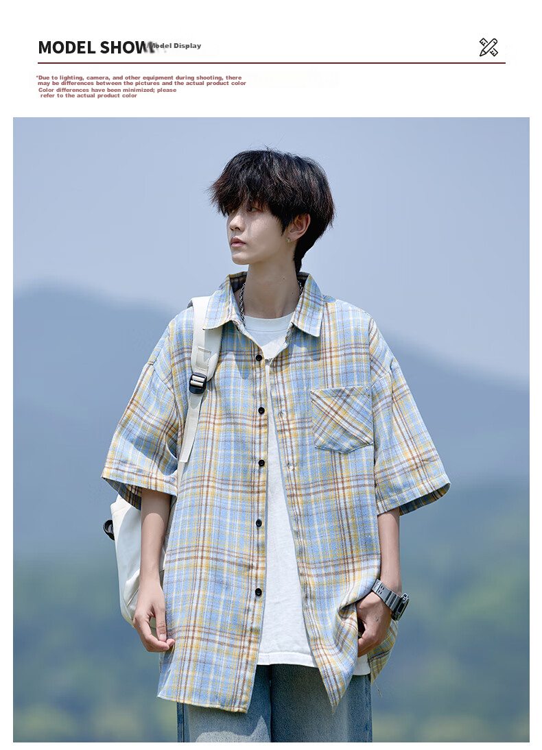 CLOR Men's Plaid Short Sleeve Shirt Spring Summer Ins Loose Casual Retro Jacket CLCX10 Yellow L 3