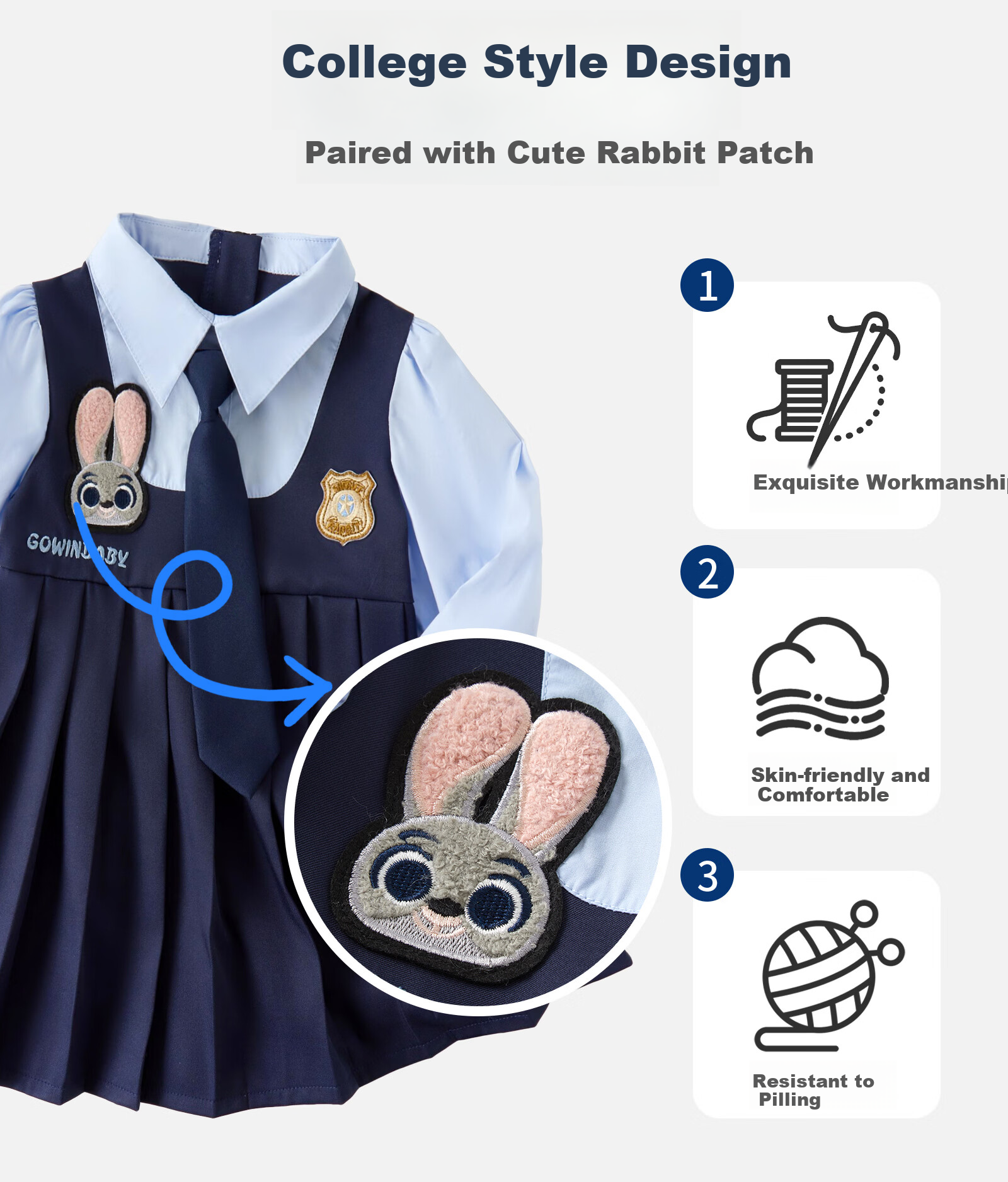 GOWINBABY Girls' School Style Dress 2026 Spring Rabbit Police Officer JK Uniform Skirt New Arrival 7