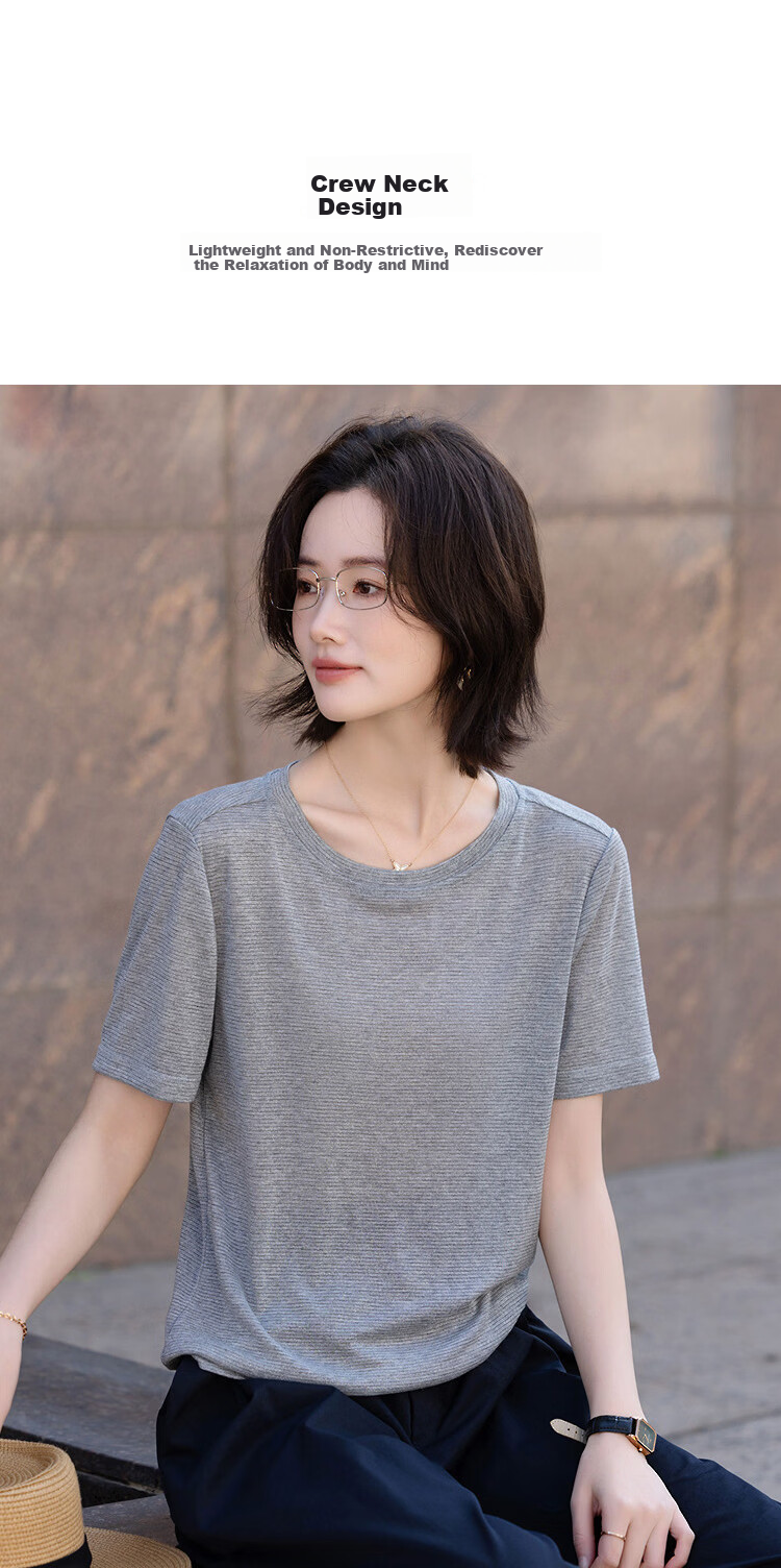 Demana [Mulberry Silk and Vinegar Fiber Blend] Summer Simple Style Round Neck Shiny Stripe Slim Fit Short Sleeve T-Shirt for Women Premium Feel 4