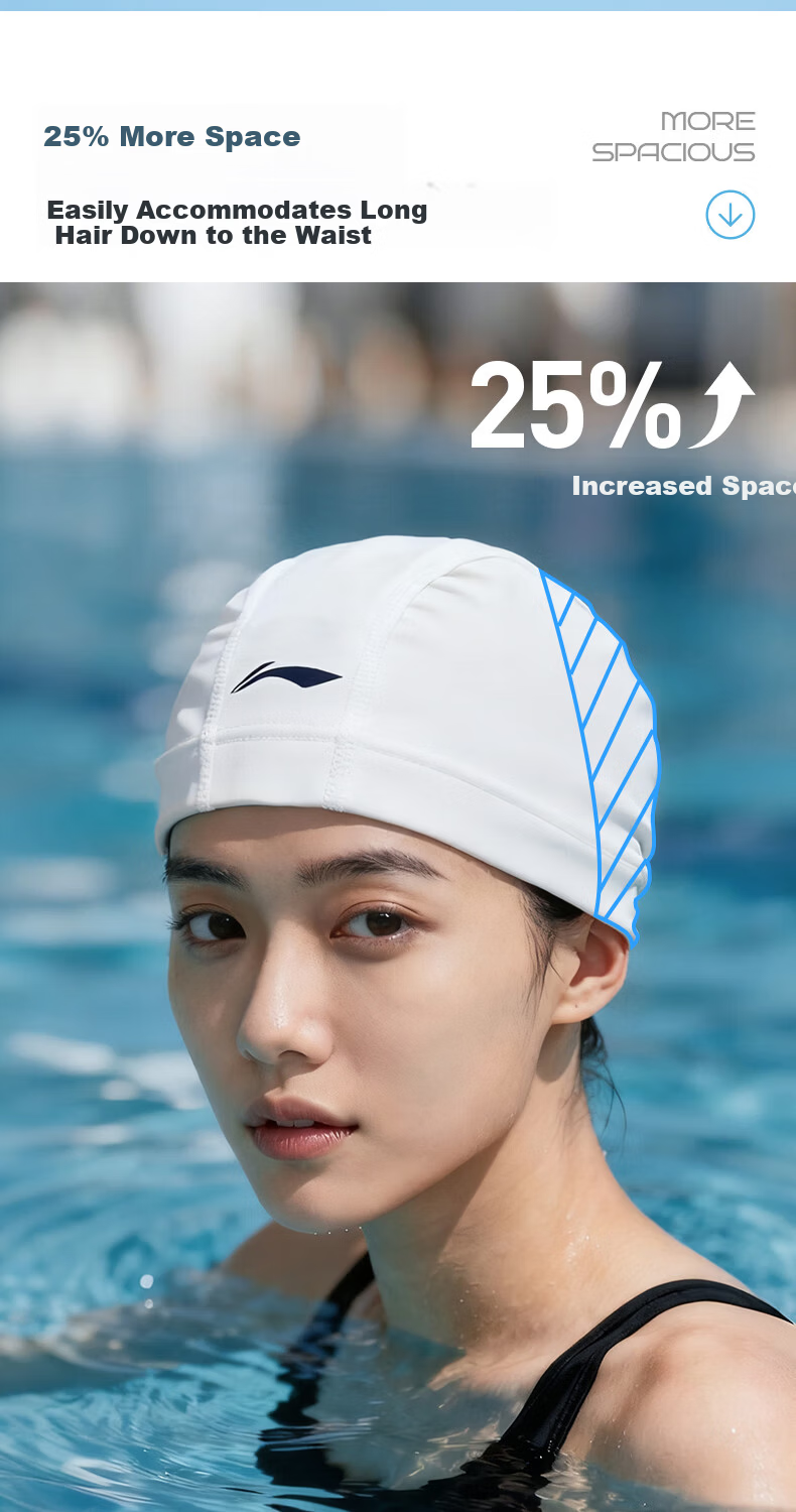 LI-NING Unisex Comfortable Fabric Swim Cap for Long Hair, Fashionable Ear Protection, Non-Tight, Non-Sticky Hair Swim Cap 6014 White 4