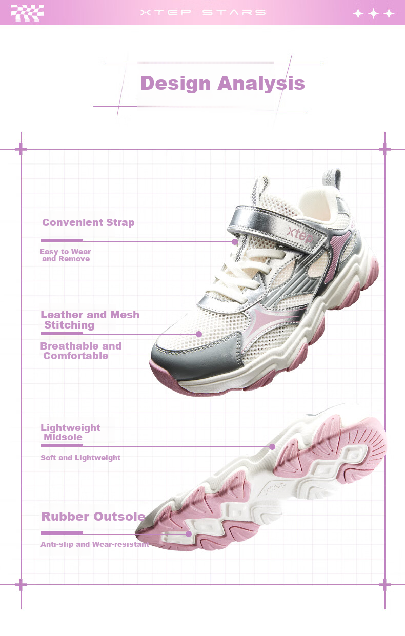 XTEP Youth Star Dad Sneakers for Girls Large Mesh Thick Sole Velcro Casual Shoes Dark Purple/Silver/Wisteria Purple Size 35 2