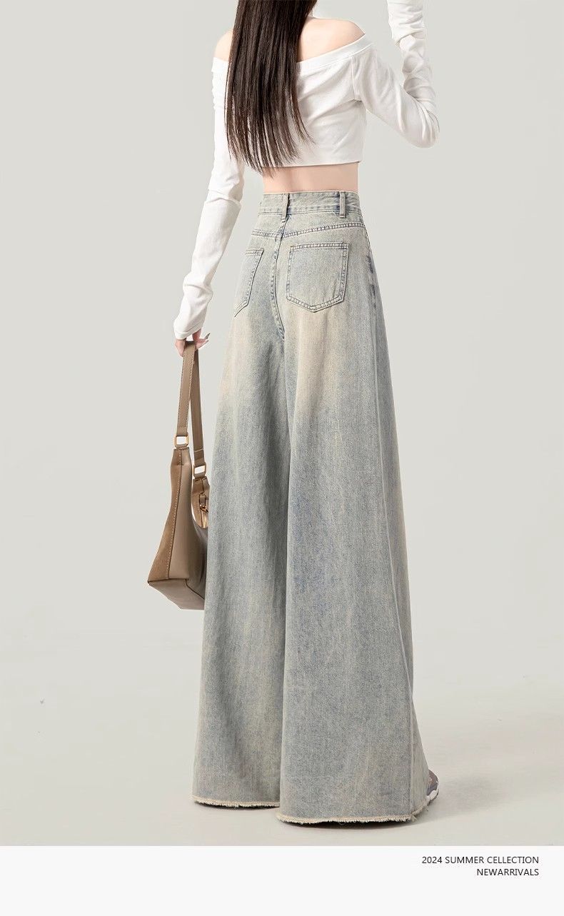 Jeanswest Women's Jeans 2026 Vintage Washed Straight High Waist Loose Distressed Raw Hem Wide Leg Pants Nostalgic Blue L 10