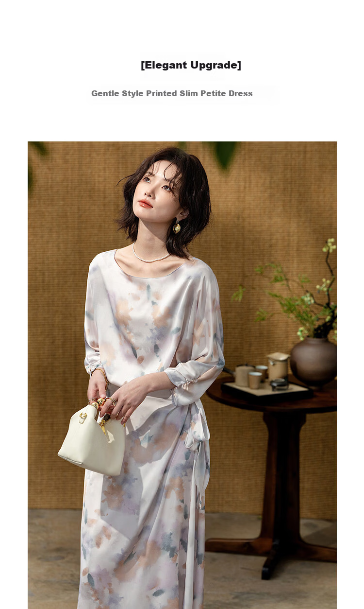 Demana Adjustable Half Skirt Overlapping Placket Spring Gentle Style Floral Eight-Sleeve Petite Slim Women's Dress 2