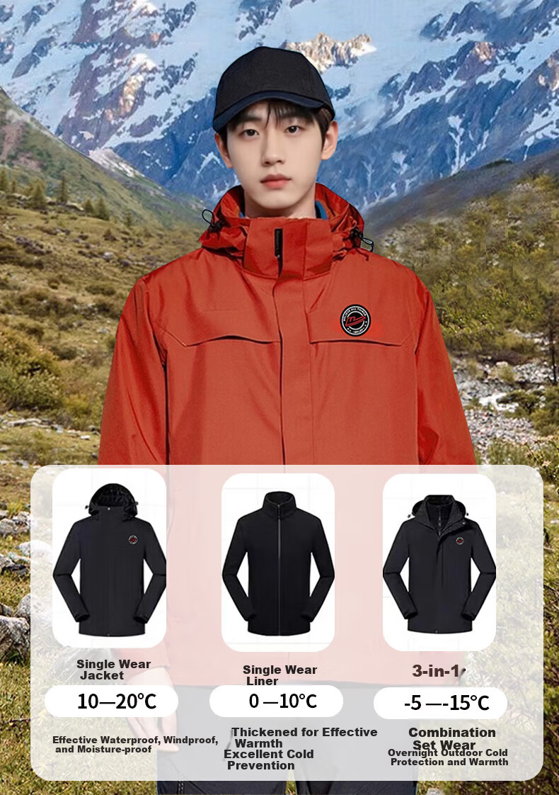 Warrior Men's Outdoor Softshell Jacket Two-Piece 3-in-1 Detachable Fleece Lining Windproof Mountaineering Coat 3