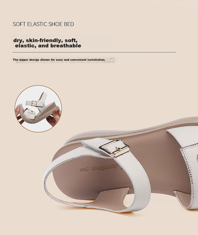 Red Dragonfly Women's Summer Sandals Flat Soft Leather Soft Sole Middle-aged and Elderly Beach Shoes WTK240752 Off-white 38 4