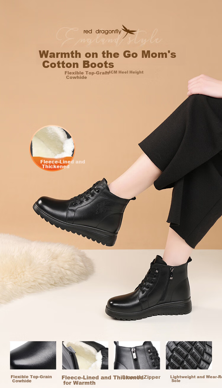 Red Dragonfly Women's Boots Mom Boots Autumn Winter Fleece Warm Cotton Boots Thick Sole Lightweight Ankle Fashion Boots WTC457251R Black 38 1