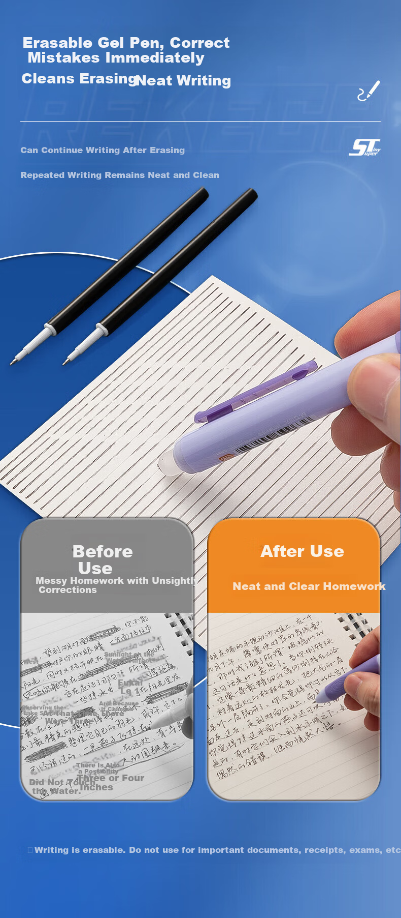 M&G Heat Erasable Black 0.5mm Retractable Gel Pen Refills ST Ultra Fine Signature Pen Refills Student Office Replacement 9602A 10-Pack 3