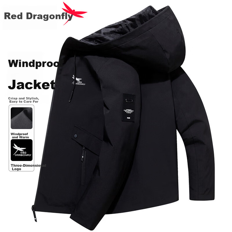 RED DRAGONFLY Men's Business Casual Fashion Simple Versatile Loose Comfortable Hooded Jacket Black A M
