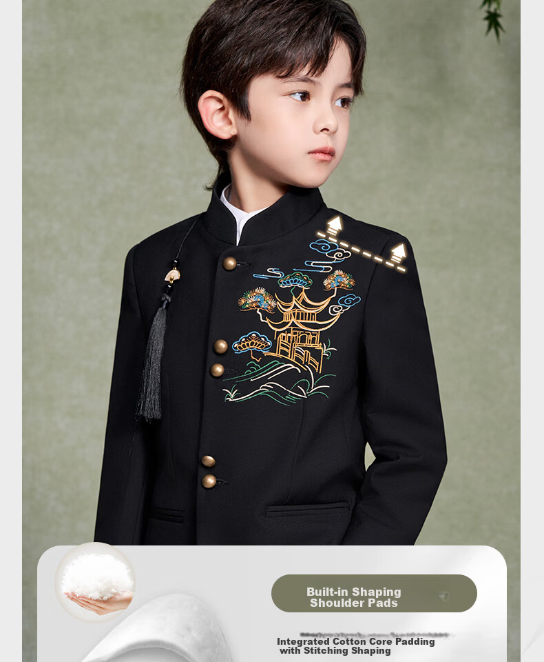Romon Boys New Chinese Style Suit Jacket Tang Suit China Style Zhongshan Suit Children's Suit Performance Outfit Black 150 9