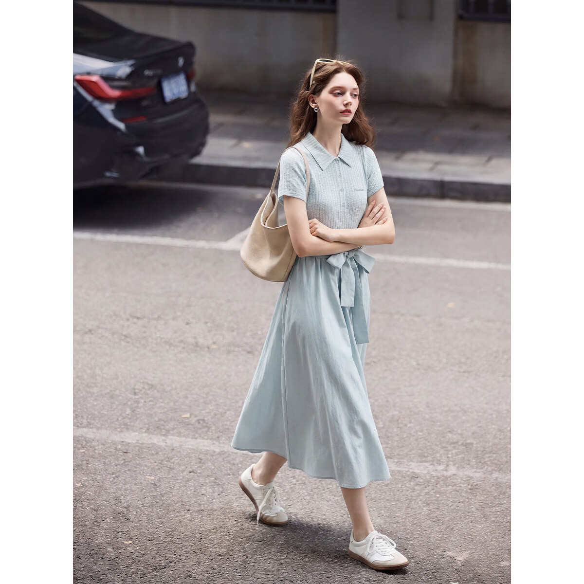 TonLion 2026 Summer New Blue Elegant French Style Dress with Belt for Women