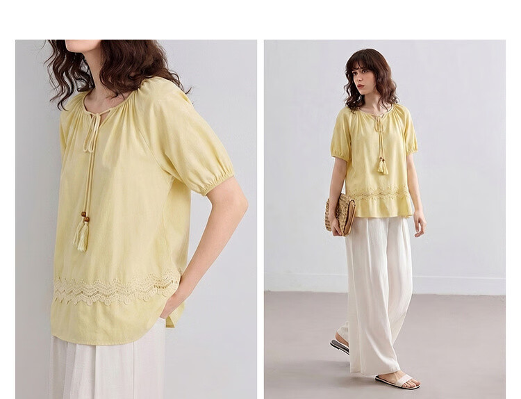 Demana Pure Cotton Tassel Tie Round Neck Shirt Women Summer New Lace Splicing Ruffle Loose Blouse 7