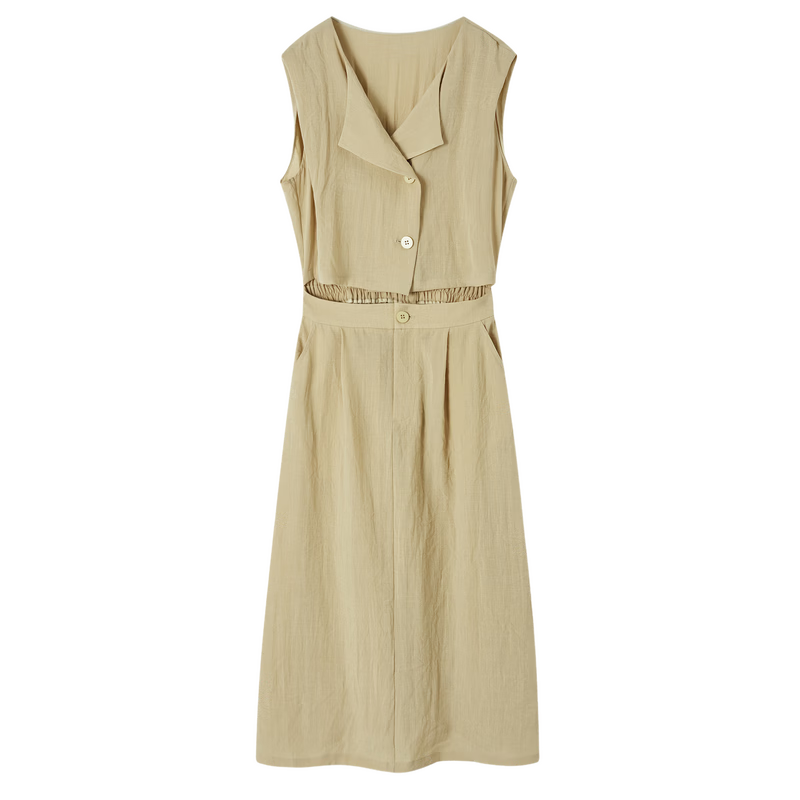 Demana Elegant Workplace Summer Fake Two-Piece Irregular Half-Placket Sleeveless Waist-Slimming Mid-Length Dress for Women